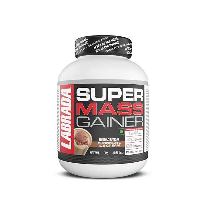 Labrada Super Mass Gainer 3kg|High-Calorie Protein Powder for Muscle Growth &amp;amp;amp; Recovery |1246 Calories|265g Carbs|Chocolate Ice Cream Flavor|3g Creatine|500mg Glutamine, 3000gm, 1 count, 9 servings