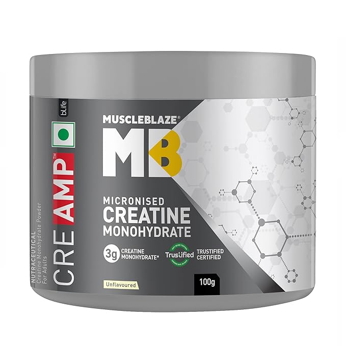 MuscleBlaze Micronised Creatine Monohydrate CreAMP Powder, Unflavoured (32 Servings, 100g) | Trustified Certified Creatine