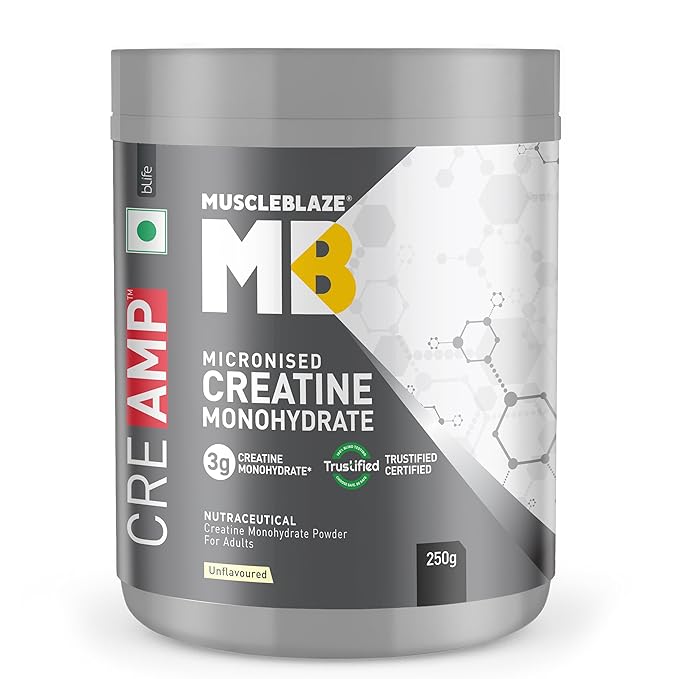 MuscleBlaze Micronised Creatine Monohydrate CreAMP Powder, Unflavoured (80 Servings, 250g) | Trustified Certified Creatine