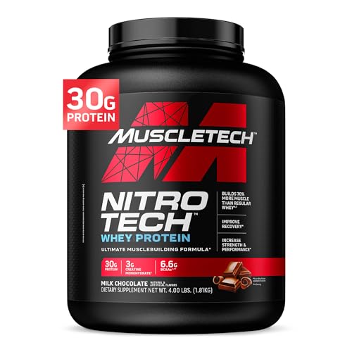 MuscleTech Nitro-Tech Whey Protein, 1.81kg (4lbs), Milk Chocolate, 30g Protein, 3g creatine monohydrate, 6.7g BCAA, ultimate muscle building formula, increase strength and Performance