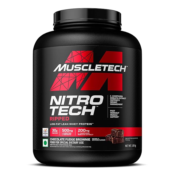 MuscleTech Nitrotech Ripped,1.81Kg (4Lbs),Chocolate Fudge Brownie,Low Fat Lean Whey Protein,+ Weight Management,30G From Whey Protein,500G (L-Carnitine and L-Tartrate),200Mg 