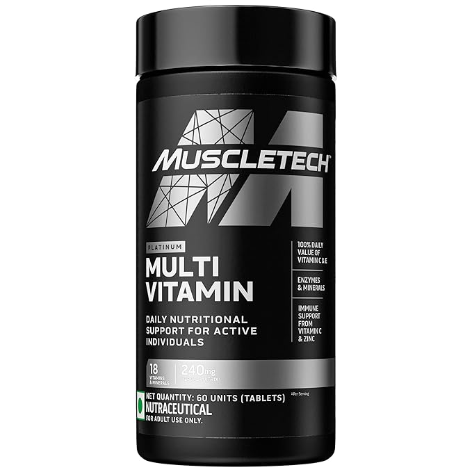 MuscleTech Platinum Multivitamin, Vitamin C for Immune Support, 18 Vitamins and Minerals, 60 Tablets