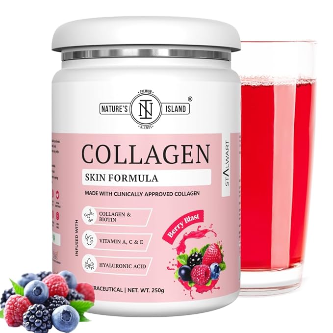 Nature's Island Skin Glow Collagen Powder (Berry, 250g) , Marine Collagen Supplements for Women &amp;amp;amp; Men With Biotin, Vitamin A, C,E, Hyaluronic Acid, for Glowing Skin,Anti Ageing, Firmness, Elasticity, Healthy Hair and Nails.