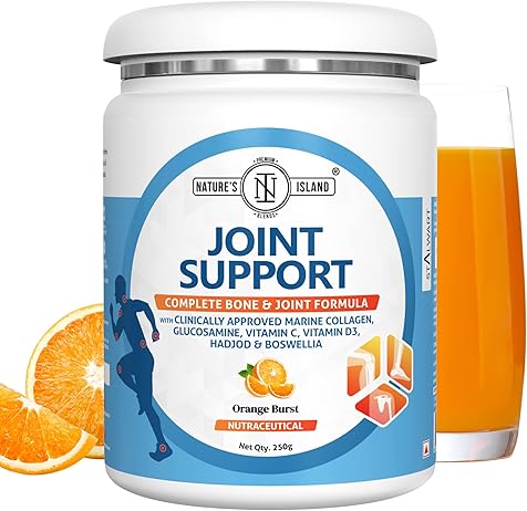 Nature Island Joint Support Supplement with Marine Collagen, Glucosamine, Boswellia, Hadjod, Vitamin D3 and C for Cartilage, Bones and Joints | Relieves Joint Pain, Inflammation and Stiffness | 250g (Orange)