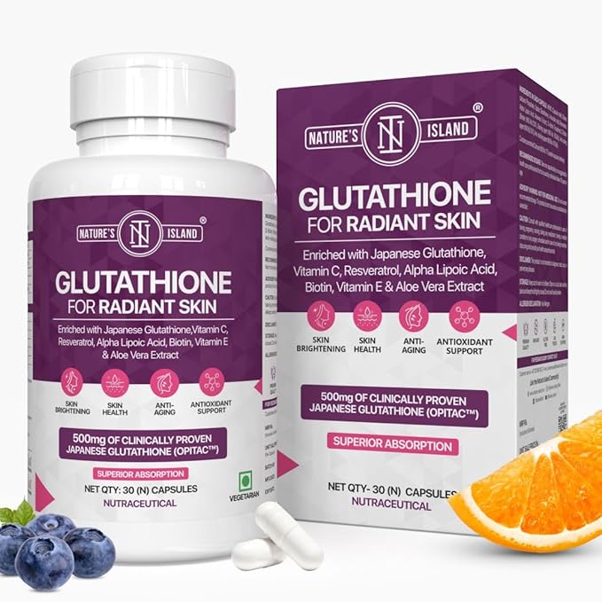 Nature Island Japanese Glutathione 500mg with Vitamin C , E, Biotin, Resveratrol, Alpha Lipoic Acid, Aloe Vera, Antioxidants for Clear, Glowing Skin, 30 Veg Capsules