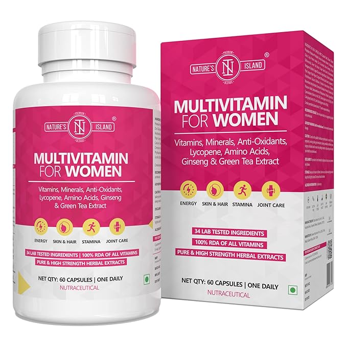 Natures Island Multivitamin For Women, 60 Capsules - 100% RDA of all Vitamins, With Zinc, Vitamin C &amp; D3, Calcium, Multi-minerals etc| Enhances Energy, Skin &amp; Hair Support, Stamina &amp; Joint Health