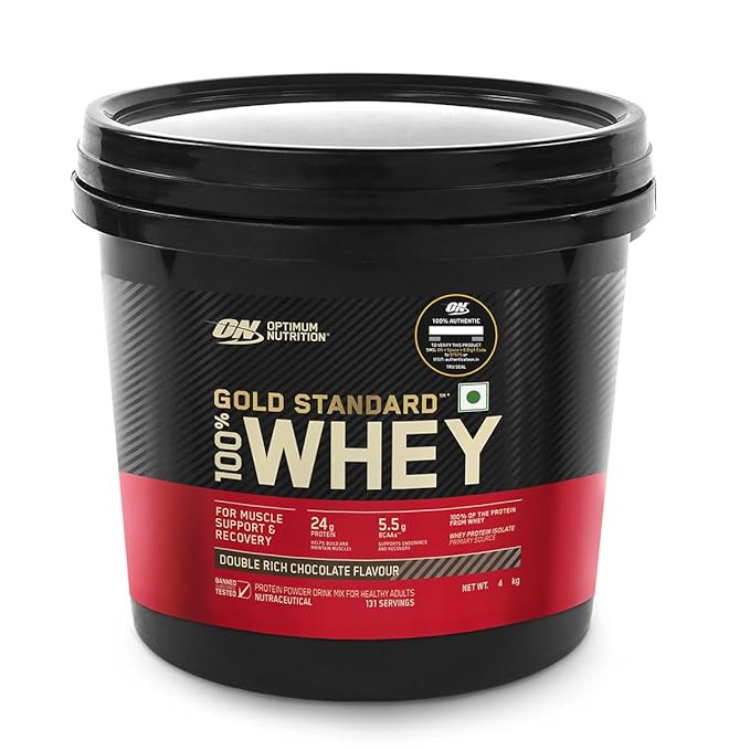 Optimum Nutrition (ON) Gold Standard 100% Whey Protein Powder 4 Kg (Double Rich Chocolate), for Muscle Support and Recovery, Vegetarian - Primary Source Whey Isolate
