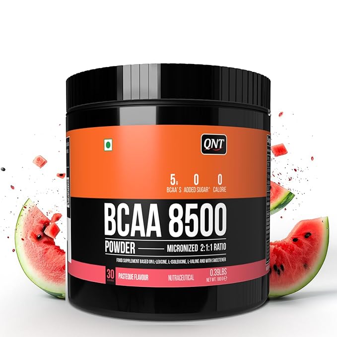 QNT BCAA 8500 | 180g | 30 Servings | Pasteque Flavour | 2500mg L-Leucine, 1250mg L-Isoleucine, 1250mg L-Valine | Hydration &amp; Muscle Recovery Supplement | Pre/Post Workout for Strength &amp; Stamina