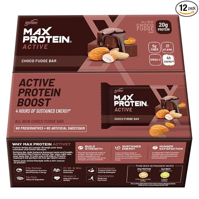 RiteBite Max Protein Active Choco Fudge Protein Bars with 20g Protein, 5g Fiber and  21 VIT.and Minerals | No Cholesterol and Trans Fat for Upto 4h of Energy, Healthy Snack, 75g (Pack of 12)