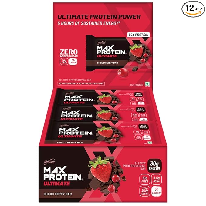 RiteBite Max Protein Ultimate Choco Berry 30g Protein Bars [Pack of 12] Protein Blend, Fiber, Vitamins & Minerals, No Preservatives, 100% Veg, No Added Sugar, For Energy, Fitness & Immunity - 1200g