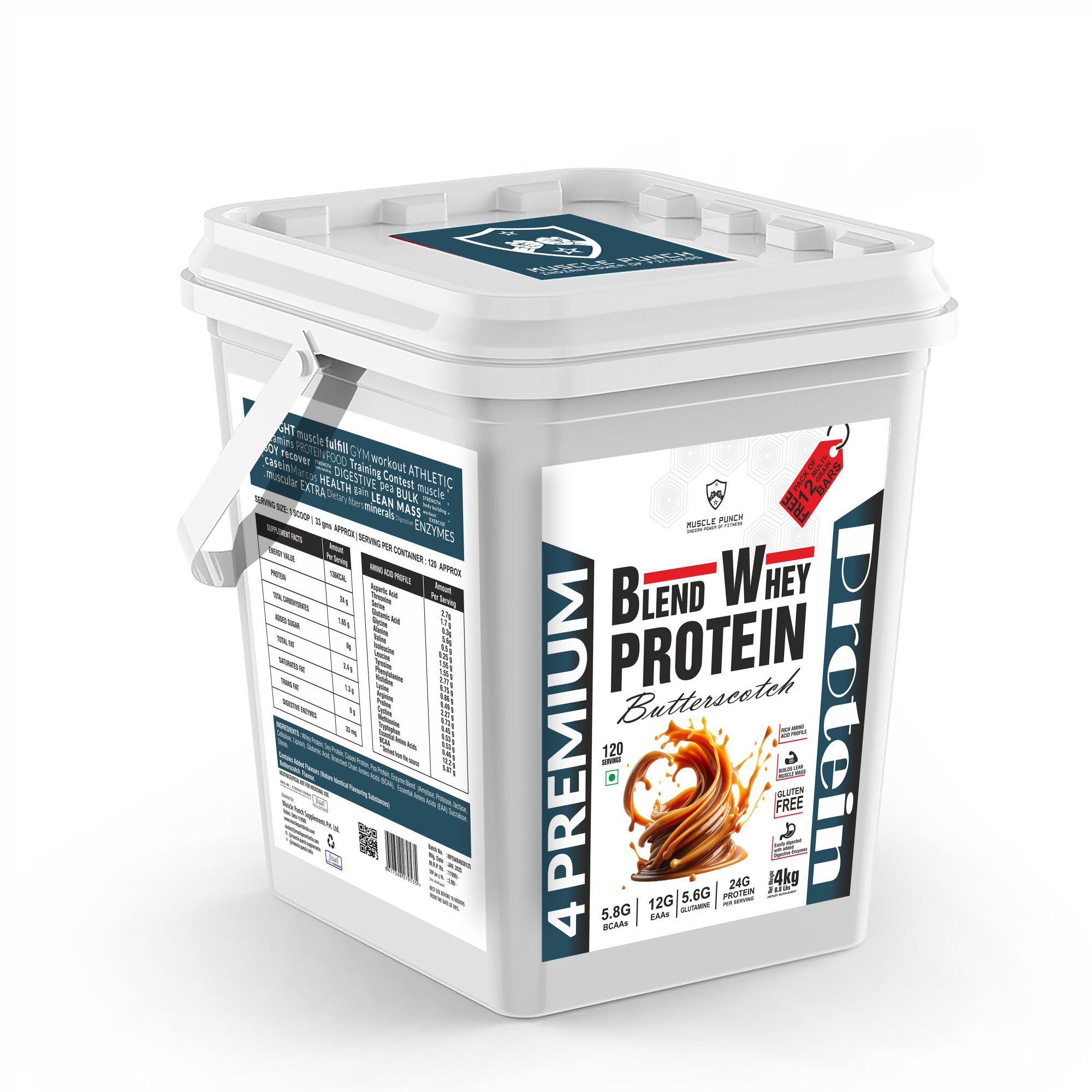 Muscle Punch | Premium Whey Protein Blend – LEAN MUSCLE MASS ASSIST | 100% Powder | Whey Protein Butter Scotch flavor, 4 KG