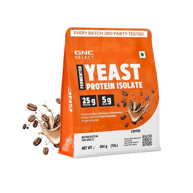 GNC Select Yeast Protein | 25g Protein, 5g BCAAs | Fermentation-Grown | Added Protease | Non-Dairy, 100% Veg, No Added Sugar | Digestive Support | Coffee, 2lbs