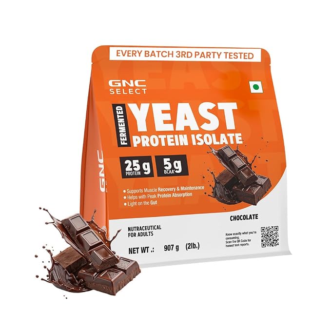 GNC Select Yeast Protein | 25g Protein, 5g BCAAs | Fermentation-Grown | Added Protease | Non-Dairy, 100% Veg, No Added Sugar | Digestive Support | Chocolate, 2lbs 